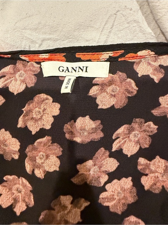 Ganni Dresses & Skirts - GANNI Floral Wrap Midi Dress Puff Sleeve Size 40 (US 8) Black Orange/Pink